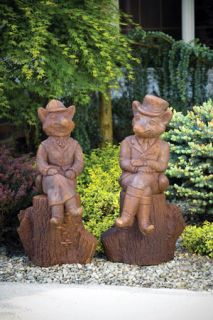 Pair of SITTING BOY AND GIRL FOX on LOG garden statue