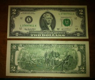 Crisp Uncirculated $2 Two Dollar Bill US Currency Consecutive 