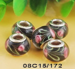   Black Flora Flowers Dot Murano Glass Spacer Beads Fits Charms Bracelet