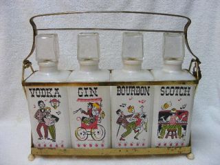 Vintage Retro Liquor Glass Bottles Decanter Set Carry Caddy Shabby 
