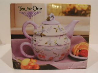 TEA FOR ONE STACKING KETTLE & CUP PURPLE & FLOWERS NIB