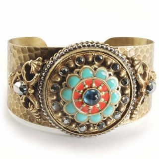   BY SWEET ROMANCE Coral W Turquoise & Vntg Glass Bronze Cuff Bracelet