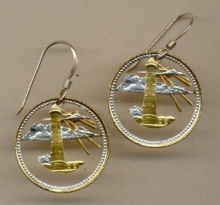Gold/Silver Coin Earrings, Barbados 5 Cent Lighthouse