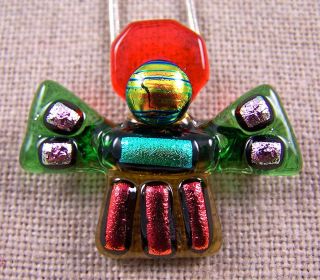   Fused Glass ANGEL Orange Red Green PENDANT PIN COMBO Pink Gold Accents