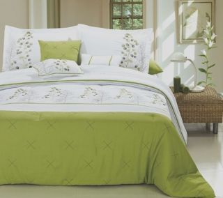   Palemo Lime Green/White Embroidered Comforter & 600TC Sheet Set Queen