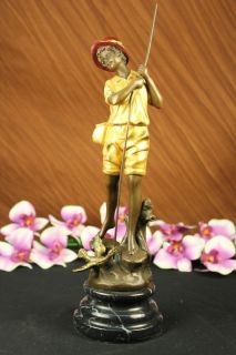 Gold Patina Boy Fishing W/ Duck Bronze Sculpture Milo Statue Art 