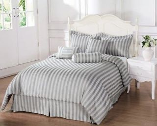 7pcs Silver Grey 100% Cotton Damask Stripe Comforter Set Bed in a bag 