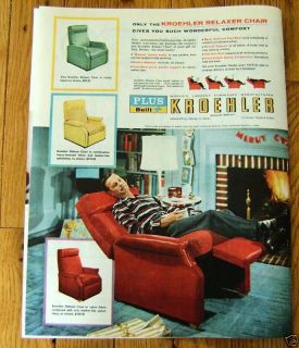 1956 Kroehler Furniture Ad Relaxer Chair Christmas