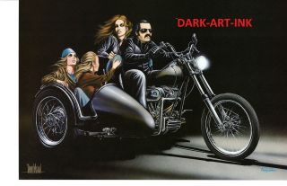   Art Three Brides for a Biker Print Harley Davidson Softail Sidecar