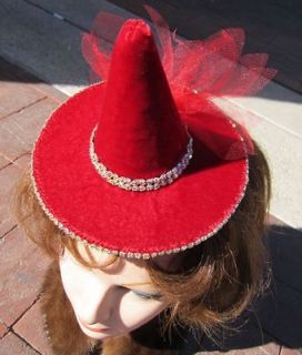 Vintage 40s TILT goth steampunk RED velvet RHINESTONE WITCH HAT 