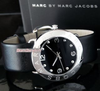 MARC BY MARC JACOBS WOMEN MEDIUM 36mm POLISHED STEEL BLACK LEATHER 