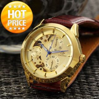   Delicate Men Golden Skeleton Automatic Mechanical Watch Brown Leather