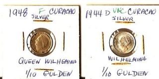 Curacao 1944 and 1948 Silver 1/10 Gulden Coins, Excellent Condition