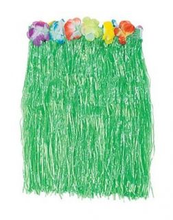   HULA SKIRT   GREEN w/FLORAL WAISTBAND  KIDs Size   Synthetic Grass