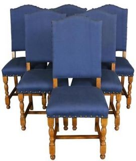 1930 FRENCH COUNTRY DINING CHAIRS OAK WITH BLUE UPHOLSTERY SET OF 6