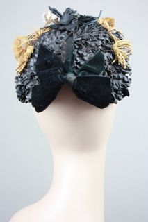   VICTORIAN STRAW BONNET Velvet Ribbon Bow Flowers 1800s Mourning Hat