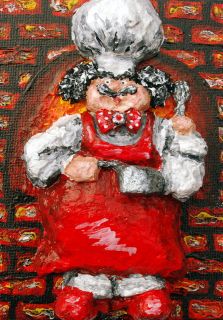 Alison Galvan Chubby Art 3D Original Acrylic Red Chef in a Brick Oven 