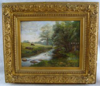 Antique 19C Impressionist O/C Landscape W/ Cows Painting in Best Gilt 