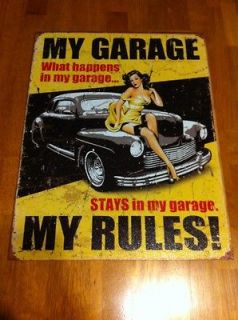 VINTAGE AUTO TRUCK MY GARAGE MY RULES TIN SIGN SERVICE STATION RAT 