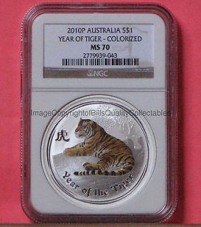 2010P 1 OZ SILVER AUSTRALIA LUNAR YEAR OF THE TIGER COLORED NGC MS70 