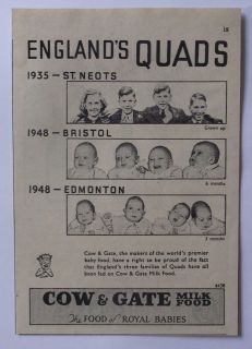 VINTAGE 1949 ADVERT Cow & Gate Baby Milk Food Englands Quads