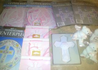 LOT RELIGIOUS CHRISTENING GIRL PINK BANNERS CENTERPIECE DECO GIFT BAGS 