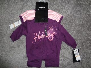 Hurley Baby Girls 0 3M Jacket Bodysuit Pant Outfit Set Lot Clothes New