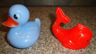 Vintage Plastic Duck Rattle Baby Toys Lot of 2 Blue Knickerbocker ROX 