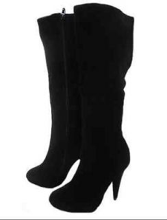 LADIES £90 WINTER BLACK SUEDE HIGH TALL HEELS LEATHER BOOTS SHOES 