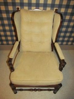 Ethan Allen Upholstered High Back Wing Chair Antiqued Tavern Pine Wood 