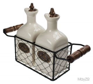   Vinegar Ceramic Pottery Set Vintage Wire Basket Kitchen Table Rustic
