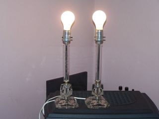Vintage Glass 2 Boudoir Bedroom Dresser Table Lamps Etched Stick