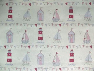   Maritime Pink Vintage Boats & Beach Huts Themed Cotton Curtain Fabric