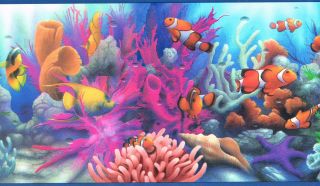   COLORFUL TROPICAL FISH ALL KINDS & SHELLS BATH Wallpaper bordeR Wall