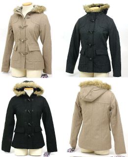 New Womens Parka Coat Toggle Button & Zipper Faux Fur Hoodie Jacket 