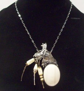   Carved Ox Bone Bead Faux Ivory White Onyx Spider Crab Necklace Chinese