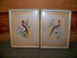 Vintage Pair of Framed Mexican Feather Art Pheasants Mexico Artist 