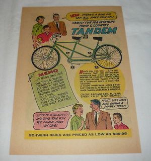 1959 Schwinn bicycle cartoon ad page ~ TANDEM Town+Country