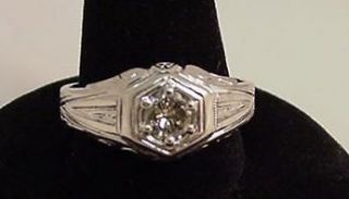 18k White Gold Vintage Gents carved Ring W/ Diamond STUNNING