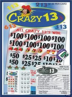   00 5W Crazy 13s [8 $100]Bingo Fundraiser Tip Board Ticket Slot
