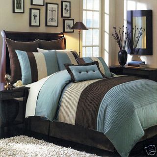 Comforter Set Queen Size Blue, Ivory & Brown Hudson 12Pcs by Royal 