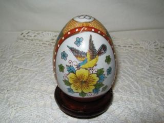   Hand Painted Decorative Egg,Gilded Pattern Birds & Flowers W/Stand