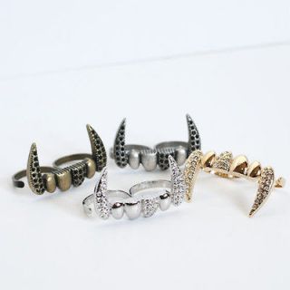   Crystal Dracula Double Ring Gold Plated Fang Ring Size Adjustable