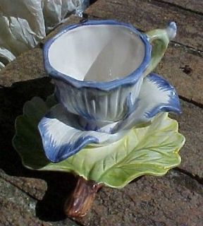 vintage majolica BLUE FLOWER cup & saucer DEMITASSE italy capodimonte 