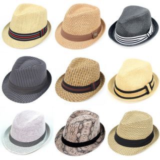 New Fedora Trilby Hat Cap Straw Short Brim Upturn Stripe Band Cuban 