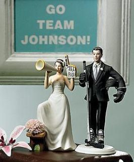 Hockey Player Groom Cheering Bride Wedding Cake Topper
