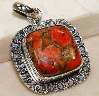   Coral Turquoise 925 Solid Sterling Silver Pendant 1 1/4 Inches Long