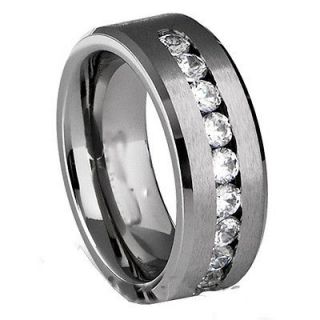   Titanium Brushed Center Round Cubic Zirconia Mens Wedding Band Ring