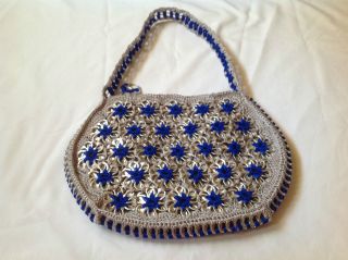 Soda Can Tabs Handbag Handmade in the USA Grey w/ Royal Blue Flowers