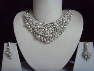   BOLLYWOOD COSTUME JEWELLERY NECKLACE EARRINGS PEARLS SET NEW BRIDAL